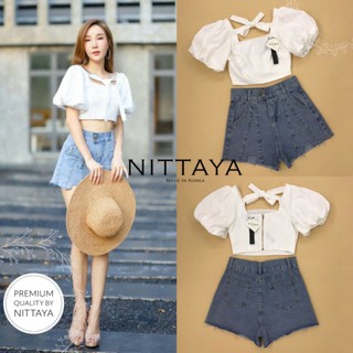 ป้าย NITTAYA:Brand : JP: เสื้อแขนพอง + กางเกงยีนส์ขาสั้น