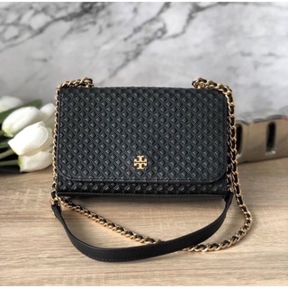 🎀 (สด-ผ่อน) กระเป๋าสะพาย สีดำ สายโซ่ทอง 7 นิ้ว 52806 Tory Burch Marion Embossed Shrunken Leather Shoulder Crossbody Bag