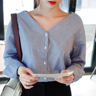 “Korean style V-neck Pinstripe Shirt”