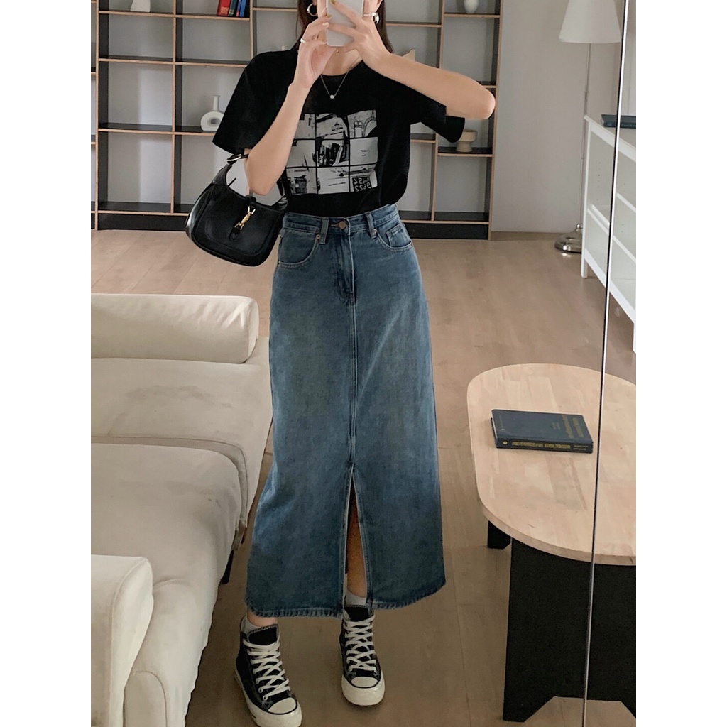 Ningfashion กระโปรงยีนส์ผู้หญิง กระโปรงยีนส์ยาวผ่าด้านหน้า รุ่น 88533 ...