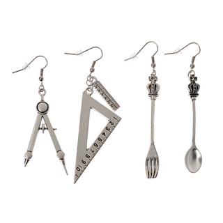 UU Harajuku Spoon Fork Triangle Ruler Asymmetric Earrings Antique Sliver Jewelry