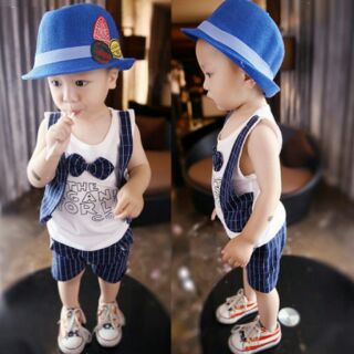 ชุดเด็ก เสื้อหูกระต่าย เสื้อกั๊กหลอก + กางเกง 5 ส่วน *กรมท่า*    