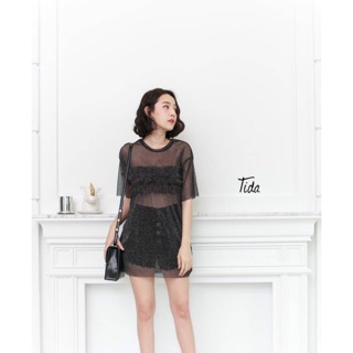 ก minidress หรือใส่เป็นเสื้อได้ ผ้าวิ้งๆๆ ดีเทลช่วงอก แทนเกาะอก สวยมากกกกก