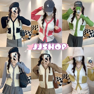 JJ shop 💜พร้อมส่ง  เสื้อคอวีแขนยาวไหมพรม กระเป๋า 2 ข้างน่ารักสดใสสไตล์เกาหลี "B222" -N