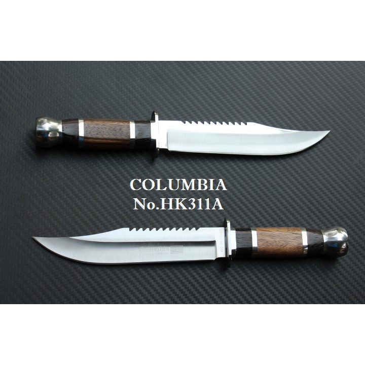 มีดเดินป่าCOLUMBIA รุ่น HK311A ใบมีดทรงโบวี่ ด้ามจับไม้คลาสสิค ท้าย Stainless  Steel พร้อมซองไนลอน