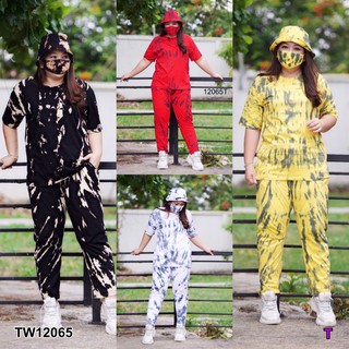 TwinsShopVip💗พร้อมส่ง TW12065 Set มัดย้อม #Bigsize เสื้อยืด+กางเกงขายาว+หมวก