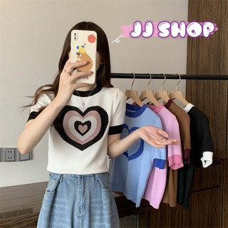 JJ shop  💜พร้อมส่ง เสื้อยืดแขนสั้นไหมพรม คอกลมลายหัวใจหลากสี สีพาสเทลน่ารักๆ "80049" -C