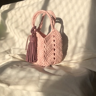 กระเป๋าถักโครเชต์ crochet bag  HANDMADE ไหมทีเชิ้ต t-shirt yarn สีชมพู old rose