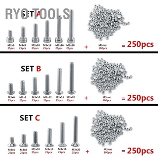 Ryo Tools 250pcs M3 A2 Stainless Steel Hex Socket Screws Bolt With Nuts Assortment