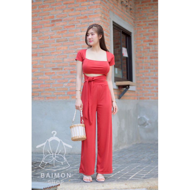 ? SpinnyHouse ? ชุดเซท เสื้อผูกเอว + กางเกง เสื้อครอป คอเหลี่ยม + กางเกงขายาว ผ้าร่องนุ่มมากๆ เสื้อคอเหลี่ยม ? k11