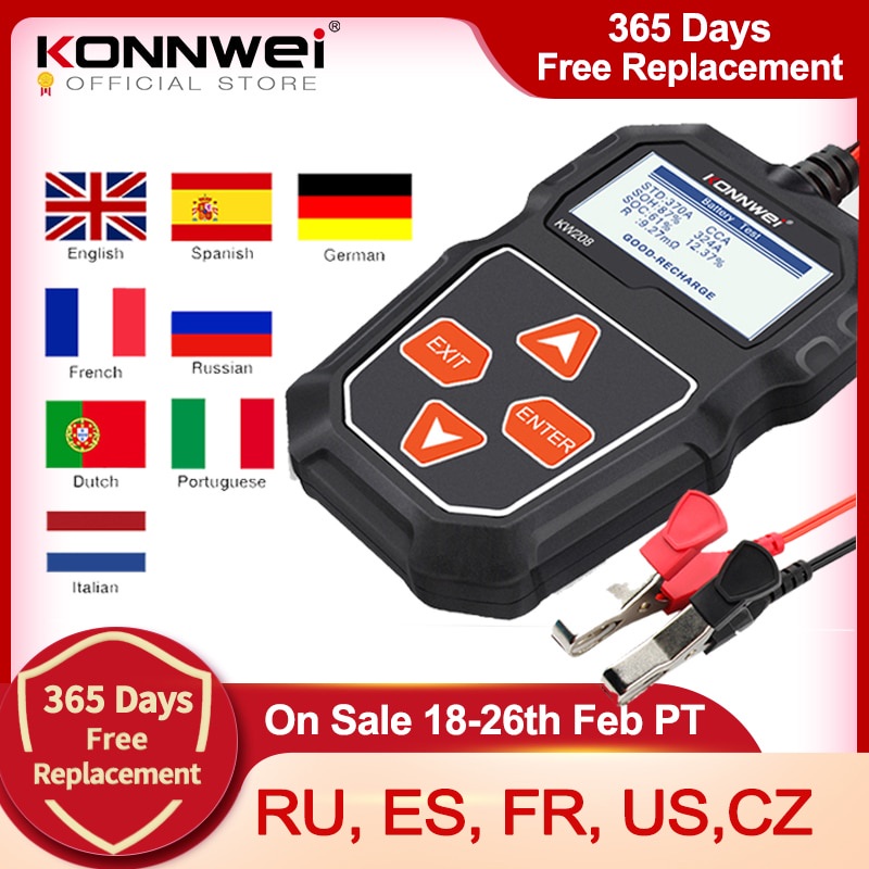 KONNWEI KW208 เครื่องทดสอบแบตเตอรี่รถยนต์ 12V 100 ถึง 2000CCA Cranking ชาร์จ Circut เครื่องทดสอบเครื