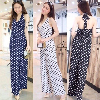 ๋Jumpsuit จั้มสูทขายาวลายจุด ทรงขาบาน+โบว์ผูกผม  AP1873