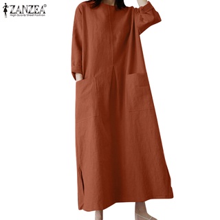 Zanzea ชุดแม็กซี่เดรส คอกลม แขน 3/4 โอเวอร์ไซซ์ สีพื้น สําหร…