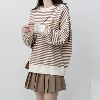 เสื้อกันหนาวแขนยาว ลายทาง ทรงหลวม สำหรับสตรี มี 2 สี