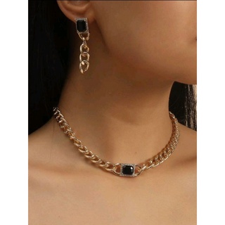 Set สร้อยคอแฟชั่น ต่างหู แบบโซ่ สุดเก๋ 3pcs Gemstones &amp; Rhinestone Decor Jewelry Set (ส่งจากไทย)