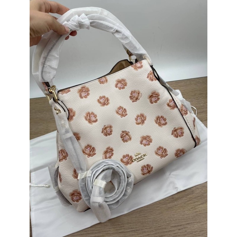 (ผ่อน0%) กระเป๋าสะพายข้าง หนังแท้ สีขาว พิมพ์ลายดอกไม้ งานshop EDIE SHOULDER BAG 28 WITH ROSE PRINT (COACH 32313)