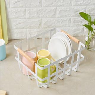 NACHUAN Nordic Style Wooden Handle Iron Storage Basket Kitchen Seasoning Box Tableware Organizer Basket Bathroom Book Storage Case