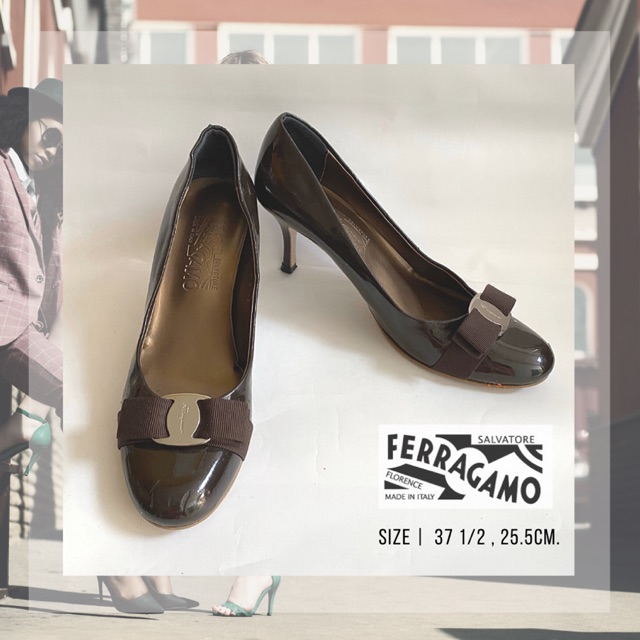 FERRGAMO รองเท้า คัชชู ส้นสูง สีน้ำตาล ไซส์ 37.5 มือสอง