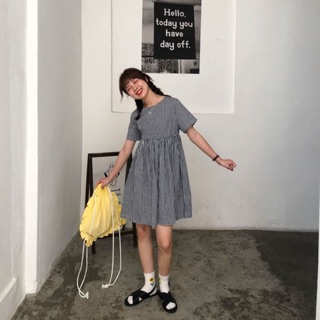 🍀 Angela korean dress ชุดเดรสสั้นลายสก็อต ทรงตุ๊กตา แต่งกระดุมหลัง สไตล์เกาหลี เนื้อผ้าโพลีอีสเตอร์ 🌈
