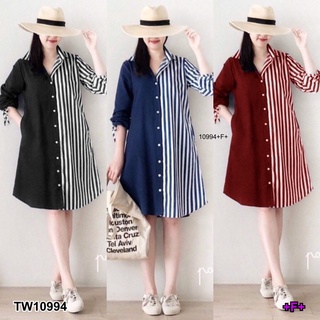 TwinsShopVip💗พร้อมส่ง TW10994 เดรสเชิ้ตทูโทนริ้ว Two-tone striped shirt dressTwo-tone striped shirt dressTwo-t