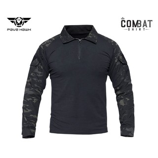 เสื้อคอมแบทเชิ้ต ( Combat shirt ) เนื้อผ้ามีส่วนผสมของ Spendex ยืดได้ มีแผ่น Velcro ตีนตุ๊กแก ทั้งสองข้างแขน สีดำพราง