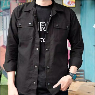 Jaket Pria Wanita Trucker Semi Parka Casual Hitam Bahan Canvas Tebal Kancing Jepret Size M L XL XXL