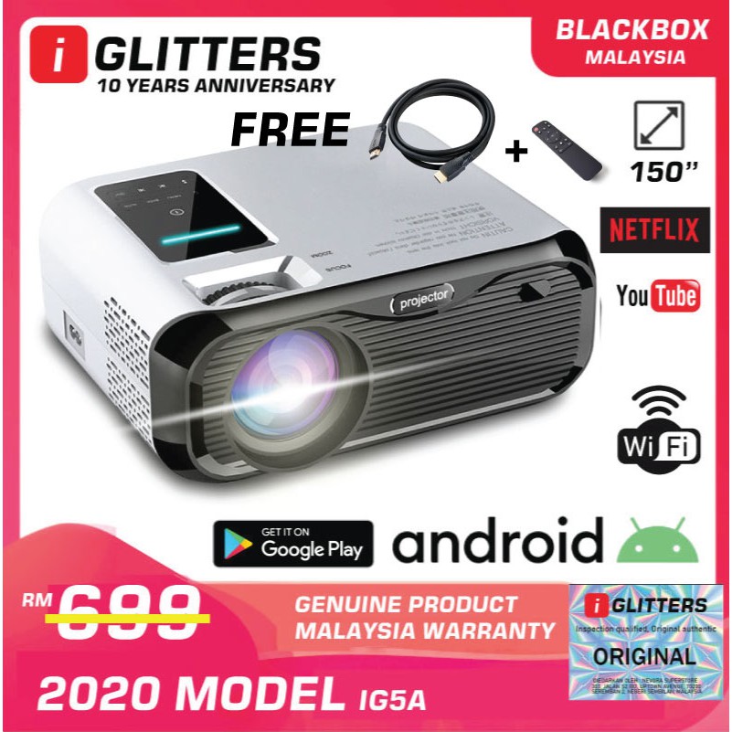 IGLITTERS IG5Hrojector 1080P (4K รองรับ) Wireles Android ไร้สาย WiFi บลูทูธ LED Mini Ps กระจกหน้าจอ 