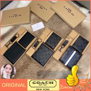 【Gift Box】ของแท้ 100% Coach กระเป๋าสตางค์หนังพวงกุญแจกระเป๋าสตางค์ผู้ชายใบสั้นใส่บัตรกระเป๋าสตางค์แฟชั่น