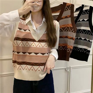Maze*พร้อมส่ง*เสื้อกั๊กไหมพรมลายวินเทจ  คอวี (3a10)