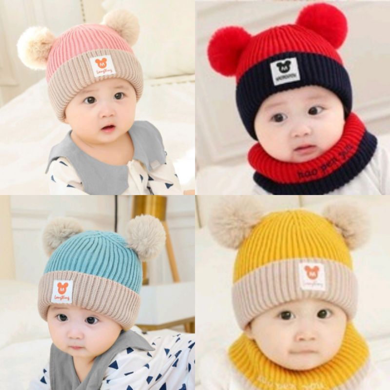 TWO-COLOR BABY BEANIE WITH POMPOM DECORATION/ CUTE BEANIE/ CHILDRENS BEANIE/ BABY BEANIE