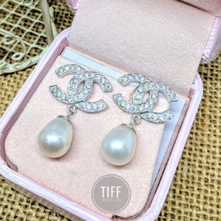 Tiffjewelry ต่างหูเงิน ชาแนล เงินแท้925 เพชร CZ 5A star cut ห้อยมุกแท้ fresh water pearlชุบทองคำขาว