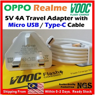 Ngs อะแดปเตอร์ชาร์จแฟลช 3Pin Realme 5V 4A VOOC OP52JAYH พร้อมสายเคเบิล Micro Type-C USB
