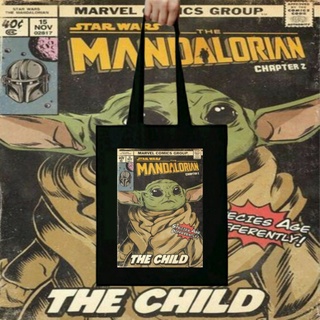 กระเป๋าสะพายไหล่ ผ้าแคนวาส ทรงโท้ท แต่งซิป ลาย MANDALORIAN THE CHILD สําหรับผู้ชาย และผู้หญิง