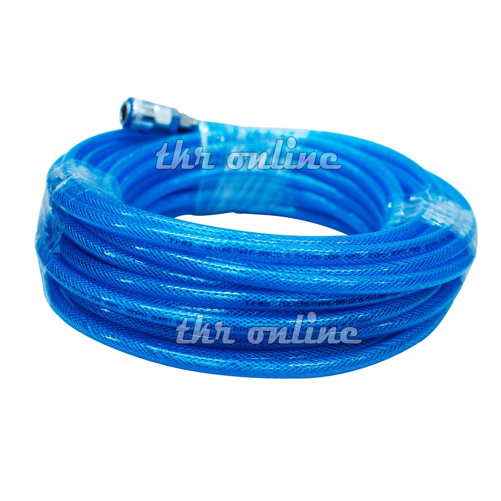 THB สายลมพียู สายลมPU 6.5x10mm.x15m. พร้อมคอปเปอร์สำเร็จรูป quick-coupler รุ่นงานหนักเสริมใยถักแบบตัด made in t