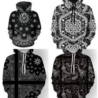 เสื้อกันหนาวลําลอง มีฮู้ด พิมพ์ลาย Paisley Bandana ทรงหลวม สีดํา โอเวอร์ไซซ์ แฟชั่นฤดูหนาว สําหรับผู้ชาย