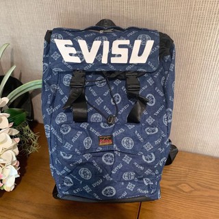 EVISU DENIM LOGO PRINT BACKPACK กระเป๋าเป้ สะพายหลัง แบรนด์เนม อีวิสุ ผ้ายีนส์ สกรีนโลโก้สีขาว