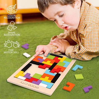 Tetris เกมส์เตอติส เกมส์พัฒนาสมอง ฝึกการวางแผน เตตริส ขนาดใหญ่และเล็ก tangram Colorful Wooden Tetris Puzzle Brain Teaser