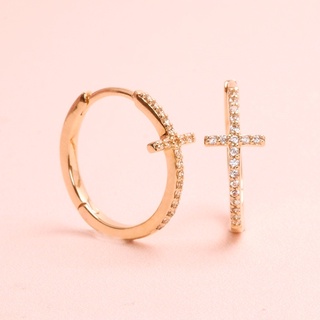 Grace Fine Jewelry ต่างหูห่วงทองแท้ 9K Cross Huggies  With White Sapphire