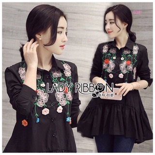 🎀 Lady Ribbons Made 🎀 Lady Victoria Sweet Chic Flower Embroidered Peplum Long Shirt