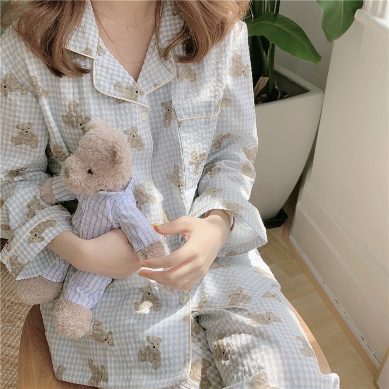 teddy bear pajamas สี baby blue ชุดนอนตารางพิมพ์ลายหมี ( ผ้า cotton ) แขนยาว-ขายาว