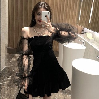 ZuZu🍒มินิเดรสผู้หญิงสีดำกระโปรงทรงเฮปเบิร์นแบบบาง