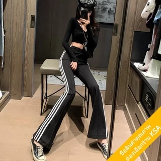 KSA พร้อมส่ง กางเกงขาม้าเอวสูงผู้หญิง เอวสูงยางยืด สไตล์เกาหลี กางเกงขายาวผู้หญิงใส่สบาย สีดำ กีฬาขากว้าง ทรงหลวม xxl