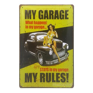 ป้ายสังกะสีวินเทจ My Garage, My Rules! (ปั๊มนูน)