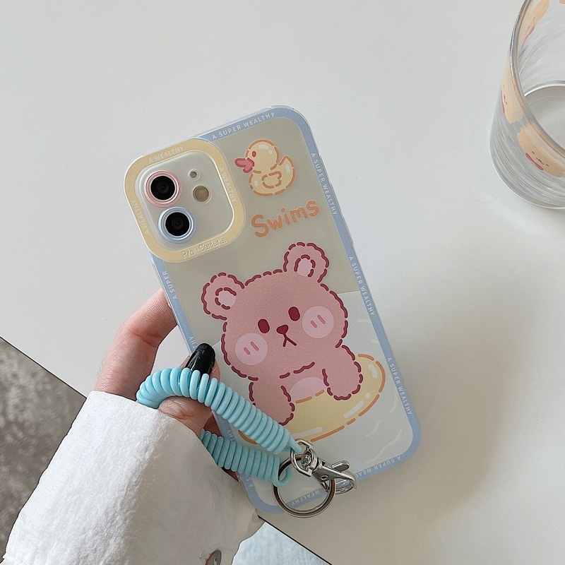 เคสป้องกันโทรศัพท์มือถือ ลายหมีน่ารัก พร้อมสายคล้อง สําหรับ Apple Iphone 12pro xsmax 11 13 678plus Xr