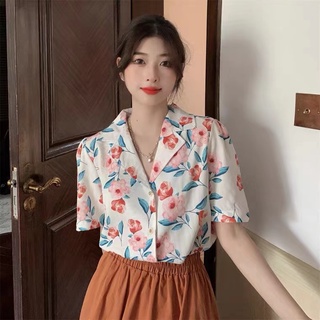 Suxi เสื้อเชิ้ตแขนสั้นลําลอง คอปก ทรงหลวม ลายดอกไม้ สไตล์วินเทจ แฟชั่นฤดูร้อน สําหรับผู้หญิง