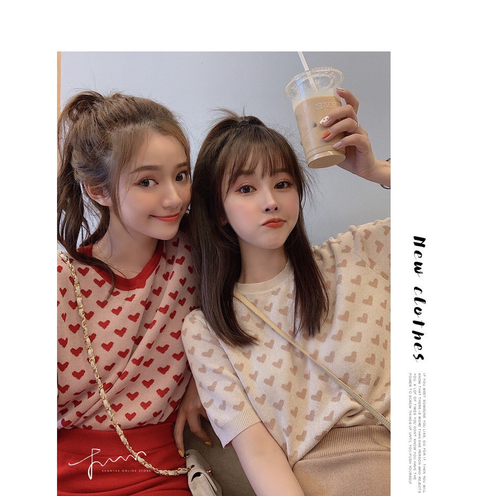 ส่งทันที Cici(พร้อมส่ง)(4102)เสื้อไหมพรมแขนสั้น ลายหัวใจ❤ วาเลนไทน์