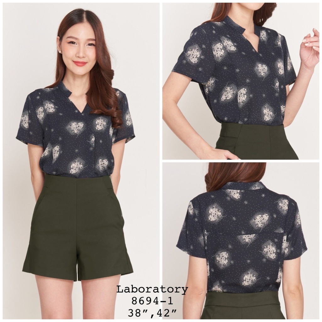 *Laboratory*  เสื้อทำงาน เสื้อพิมพ์ลายคอวีป้าย 8694-1#