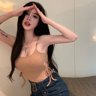 เสื้อสายเดี่ยว ผูกเชือกด้านข้าง เข้ารูป เซ็กซี่ สีพื้น สไตล์เกาหลี สำหรับสตรี