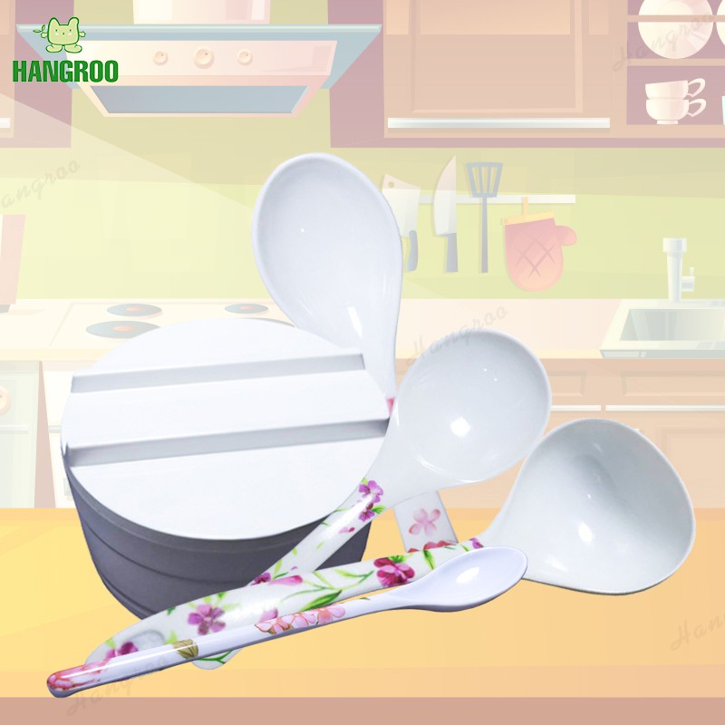 HANGROO K ช้อนเมลามีน ด้ามยาว ช้อน ทัพพี ช้อนซุป ช้อนตักข้าว ช้อนตักอาหาร ถ้วยเมลามีน พร้อมฝาปิด