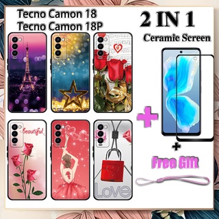 2 IN 1 Tecno Camon 18 18P เคสโทรศัพท์ พร้อมกระจกนิรภัย เซรามิค ป้องกันหน้าจอ โค้ง ฟิล์มนิรภัย โรแมนติก